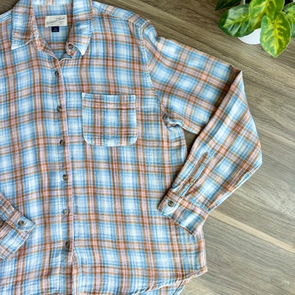 Universal Thread Blue/Tan Plaid Gauzy Cotton Button-Up Shirt Chest Pocket SizeXS - Picture 3 of 11